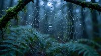 Spider web with morning dew drops on moss-covered branch in misty forest. Natural macro photography showing intricate web pattern with water droplets.