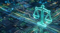 Digital justice scales hologram floating over futuristic circuit board with glowing data streams representing legal technology and cyber law enforcement.
