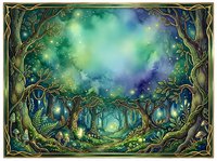 Enchanted forest clearing with ancient twisted trees, glowing magical lights, and ethereal sky in shades of green, blue, and purple. Fantasy woodland scene for fantasy art, game design, book illustrations.