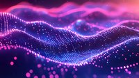Glowing digital wave landscape with particle effects in purple and blue neon colors against dark background, futuristic technology visualization.