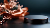 Elegant black podium with copper rim against dark background featuring decorative copper flowers with sparkling details for luxury product display.