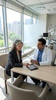Professional consultation between mature Caucasian businesswoman and Middle Eastern male dentist discussing treatment plan on tablet in modern dental office.