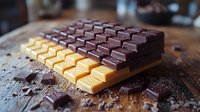 Dark and white chocolate bars arranged in alternating rows on rustic wooden surface with chocolate crumbs, creating contrast of textures and colors in soft lighting.