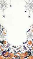 Halloween frame with spiders, pumpkins, ghosts and bats on beige background. Autumn holiday border design for invitations, cards and seasonal decorations.