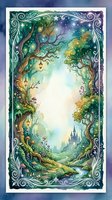 Enchanted forest portal with ornate border, magical trees, glowing lantern, mystical pathway leading to distant mountains, fantasy landscape for storytelling.