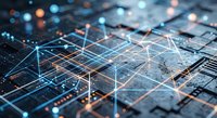 Circuit board with glowing network connections and data pathways for technology and digital communication concepts in business presentations.