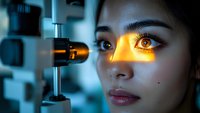 Young Asian woman having eye examination with slit lamp in ophthalmology clinic, illuminated eye detail in orange diagnostic light against blue background.