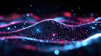 Abstract glowing wave of particles with blue and pink neon lights flowing on dark background, creating dynamic motion effect for technology designs.