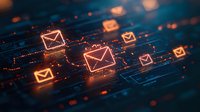 Glowing orange email icons connected by digital network lines on dark blue circuit background, representing electronic communication and data transfer technology.