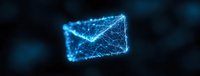 Glowing blue digital envelope made of connected dots and lines floating on dark background, representing electronic mail and digital communication networks.