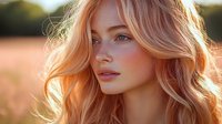 Young woman with blonde wavy hair in golden sunset light, soft natural makeup and glowing skin, looking away thoughtfully against blurred nature background.