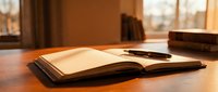 Open notebook with blank pages and pen on wooden desk by window with warm natural light, suitable for writing, education, planning, and creative projects.