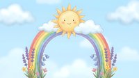 Cheerful sun with rainbow arc and spring flowers on cloudy sky background for children's room decor, greeting cards, and educational materials.