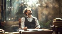 Young Caucasian businessman in vest sitting at wooden desk with books, looking up thoughtfully while writing, sunbeams streaming through window, atmospheric mood.
