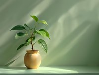 Young green plant growing in ceramic pot on mint green background with soft natural shadows and sunlight, minimalist home decor composition.