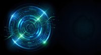 Futuristic digital technology interface with glowing blue and green circular HUD elements on dark background for sci-fi and tech projects.