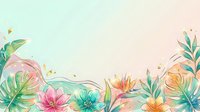 Watercolor floral border with pink, orange, and turquoise blooms and tropical leaves on isolated white background, suitable for invitations and design projects.