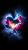 Cosmic heart-shaped nebula glowing with vibrant pink, blue and purple colors against dark space background, surrounded by stars and celestial dust.