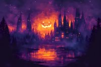 Spooky castle silhouettes against purple night sky with glowing jack o'lantern moon reflecting on dark water surface, creating mysterious Halloween atmosphere.