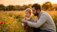 Father and toddler son exploring wildflower meadow at golden hour sunset, bonding moment in nature with warm lighting for family lifestyle content.