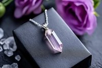 Elegant pink crystal pendant necklace on silver chain displayed on black jewelry box with purple roses for luxury fashion accessories and gifts.