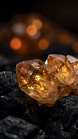 Golden citrine crystals on dark stone surface with warm bokeh lights creating magical atmosphere for spiritual wellness and gemstone therapy concepts.