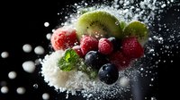 Fresh mixed berries and kiwi fruit with powdered sugar splash against dark background, dramatic food photography for dessert menu and recipe blogs.