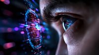 Close up view of eye looking at glowing digital code projection with blue and purple light reflections, representing artificial intelligence and future technology.