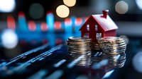 Small red house model sitting on stacks of coins with blurred city lights background representing real estate investment and property financing concepts.