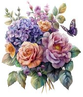 Romantic floral arrangement with hydrangea, roses and butterfly in soft purple, peach and blue tones on white background, watercolor style botanical art.
