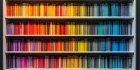 Colorful rainbow bookshelf with books arranged by spectrum colors from pink to blue, creating vibrant gradient display for interior design inspiration.