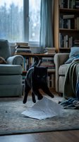 Black cat walking on scattered papers in cozy living room with armchairs, bookshelves, and rainy window view. Domestic pet in home interior setting.