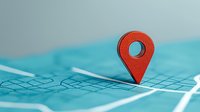 Red location pin marker on turquoise city map background with street grid pattern, modern minimal composition for navigation and GPS concepts.
