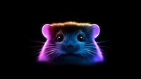 Glowing neon rat face emerging from darkness with pink and blue luminescent effects on black background, isolated digital art for creative projects.