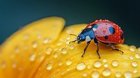 Red ladybug with water drops walking on yellow flower petal covered in morning dew, macro photography against dark green blurred background.