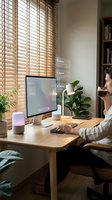 Professional woman working at modern home office desk with computer, wooden blinds and plants creating productive workspace atmosphere.