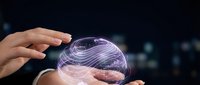 Female hands protecting glowing digital sphere with network connections representing data security, cybersecurity protection, and futuristic technology concepts.