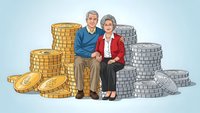 Senior couple sitting on stacks of gold and silver coins representing retirement savings and financial planning for elderly people.