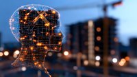Glowing digital human head silhouette with network connections against blurred city background at dusk, representing artificial intelligence and machine learning.