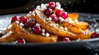 Roasted butternut squash slices garnished with fresh cranberries, crumbled feta cheese and herbs on dark plate, macro food photography for restaurant menu.
