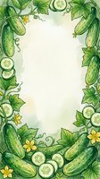 Watercolor cucumber frame with fresh vegetables, sliced produce, green leaves and yellow flowers isolated on white background, ready for menu design, recipe cards and food packaging templates.