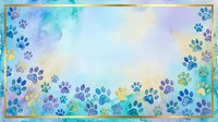 Watercolor paw prints in blue, purple, and green tones create a whimsical border on soft pastel background. Perfect for pet-related designs, greeting cards, and animal-themed projects.