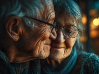 Elderly couple sharing intimate moment with warm lighting, showcasing love and companionship in golden years. Senior romance and lifelong partnership concept.