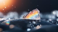 Glowing piece of ice crystal with rainbow refraction on dark background, water drops and bokeh lights create magical winter atmosphere.