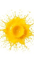 Vibrant yellow liquid splash with dynamic droplets radiating outward, creating energetic motion effect on white background for design and advertising projects.