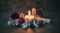 Healing crystals and gemstones arranged around burning candle for meditation, spiritual wellness, chakra balancing and holistic therapy practices.