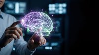 Businessman in white shirt holding glowing digital brain hologram with neural network connections in modern tech environment for AI and innovation concepts.