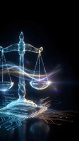 Digital justice scales with glowing particles and light effects on dark background representing legal technology and modern law concepts.