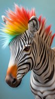 Zebra with vibrant rainbow colored mohawk mane against turquoise background, creative wildlife concept showing unique artistic interpretation of African animal.