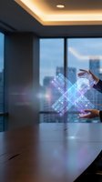 Businessman hands manipulating a glowing holographic data interface in a modern office with city skyline, futuristic technology concept.